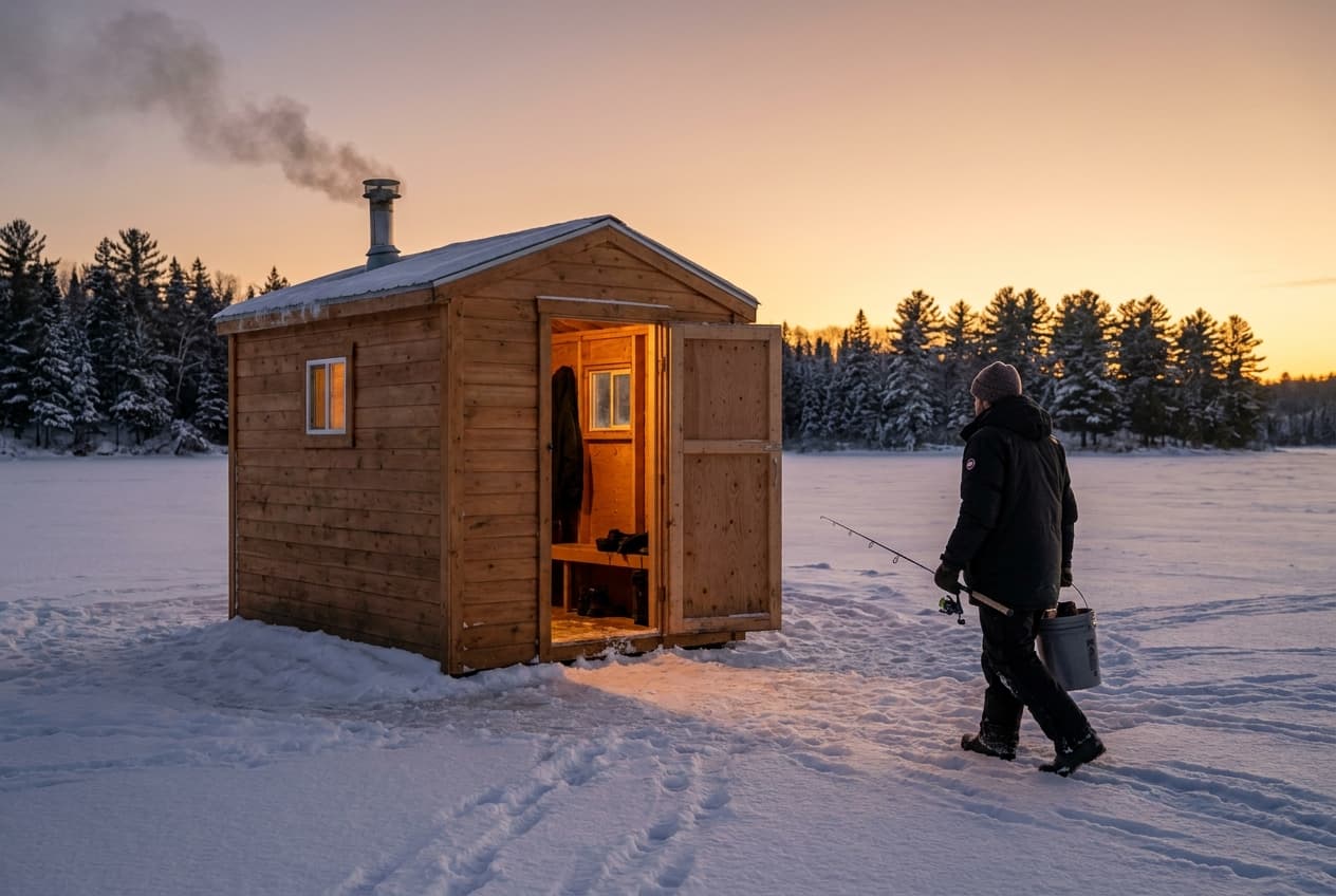 An ice shack glowing at dusk